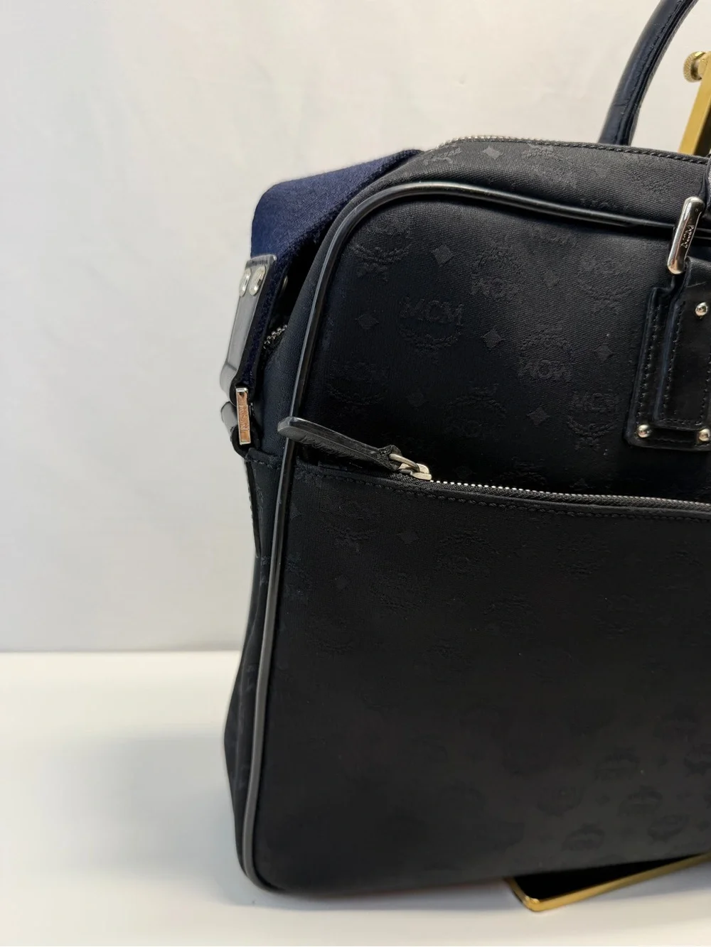 MCM Black Leather Briefcase with Navy Strap